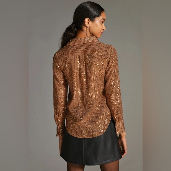 Anthropologie Remie Sequin Button Front Shirt Blouse Large Gold Bronze Top - Picture 11 of 13